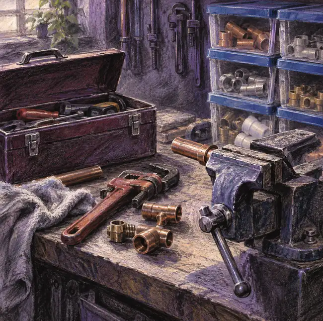 Illustration of plumbing businesses equipment and workspace